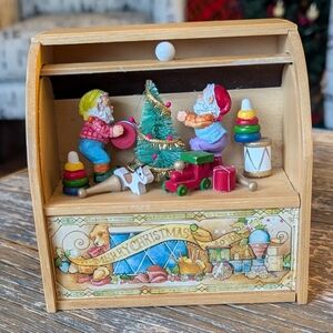 Vintage Wooden Enesco Christmas Toy Display with Elves and Tree Musical Box